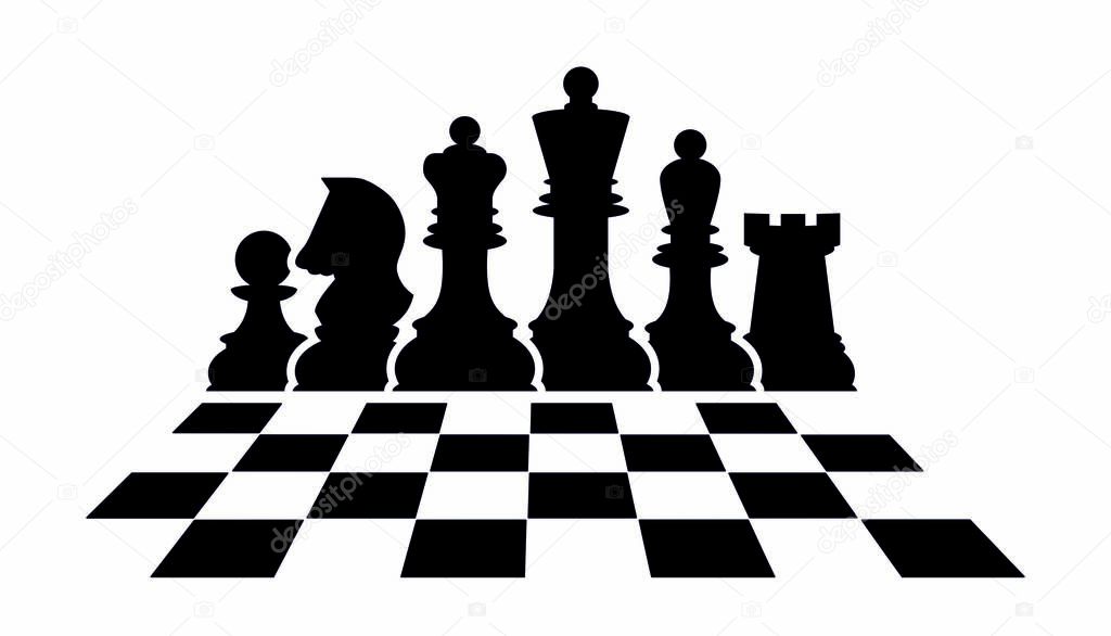 Chess icons. Vector chess isolated on white background. Playing chess on the Board. King, Queen, rook, knight, Bishop, pawn. Silhouettes of chess pieces. Chessboard. Black and white