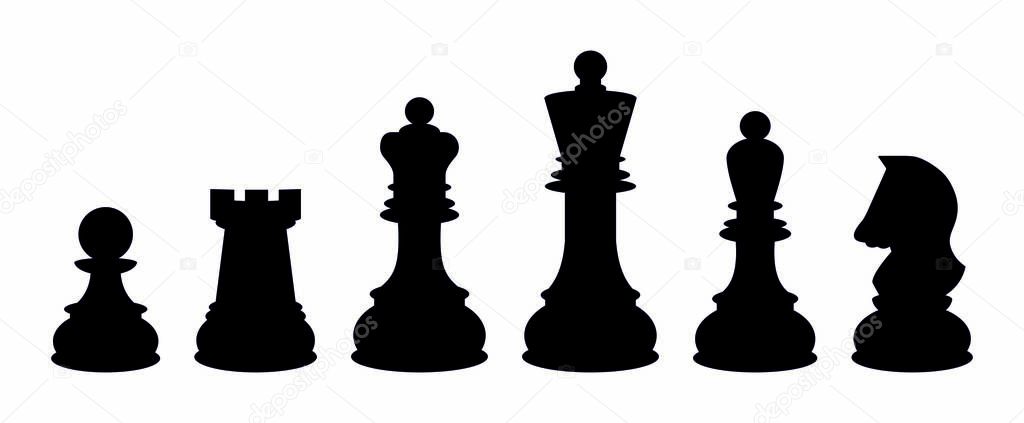 Chess icons. Vector chess isolated on white background. Playing chess on the Board. King, Queen, rook, knight, Bishop, pawn. Silhouettes of chess pieces. Chessboard. Black and white