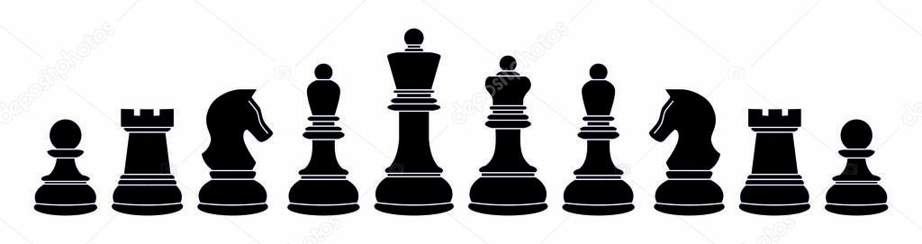 Silhouettes of chess pieces. Chessboard. Chess icons. Vector chess isolated on white background. Playing chess on the Board. King, Queen, rook, knight, Bishop, pawn. Black and white