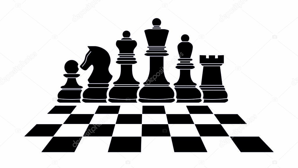 Chessboard. Playing chess on the Board. Chess icons. Vector chess isolated on white background. King, Queen, rook, knight, Bishop, pawn. Silhouettes of chess pieces. Black and white