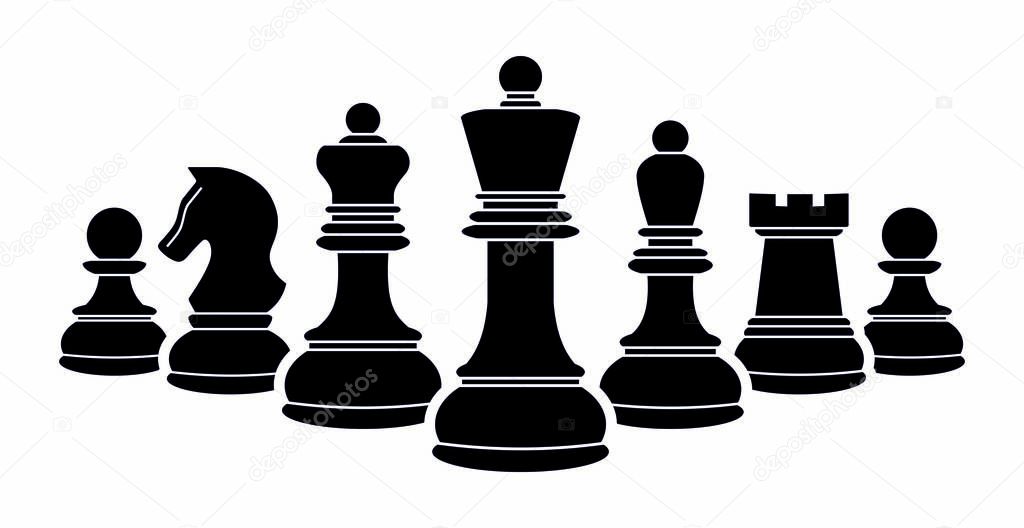 King, Queen, rook, knight, Bishop, pawn. Chess icons. Chessboard. Vector chess isolated on white background. Playing chess on the Board. Silhouettes of chess pieces. Black and white