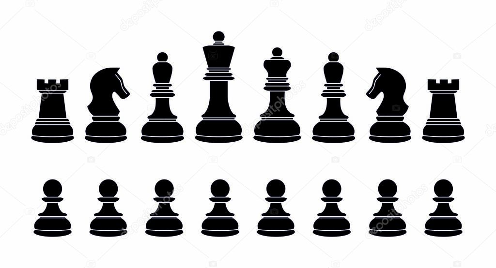 Chess icons. Vector chess isolated on white background. Playing chess on the Board. King, Queen, rook, knight, Bishop, pawn. Silhouettes of chess pieces. Chessboard. Black and white