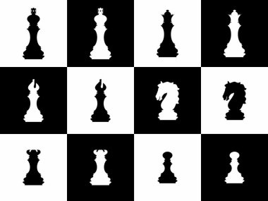 Satranç ikonları. Beyaz arkaplanda izole edilmiş vektör satranç. Tahtada satranç oynuyorum. Satranç taşlarının siluetleri. Papaz, kız, kale, at, fil, piyon