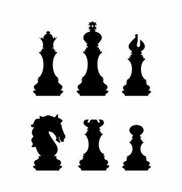 Satranç taşlarının siluetleri. Satranç ikonları. Beyaz arkaplanda izole edilmiş vektör satranç. Tahtada satranç oynuyorum. Papaz, kız, kale, at, fil, piyon