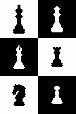 Tahtada satranç oynuyorum. Papaz, kız, kale, at, fil, piyon. Satranç taşlarının siluetleri. Satranç ikonları. Beyaz arkaplanda izole edilmiş vektör satranç