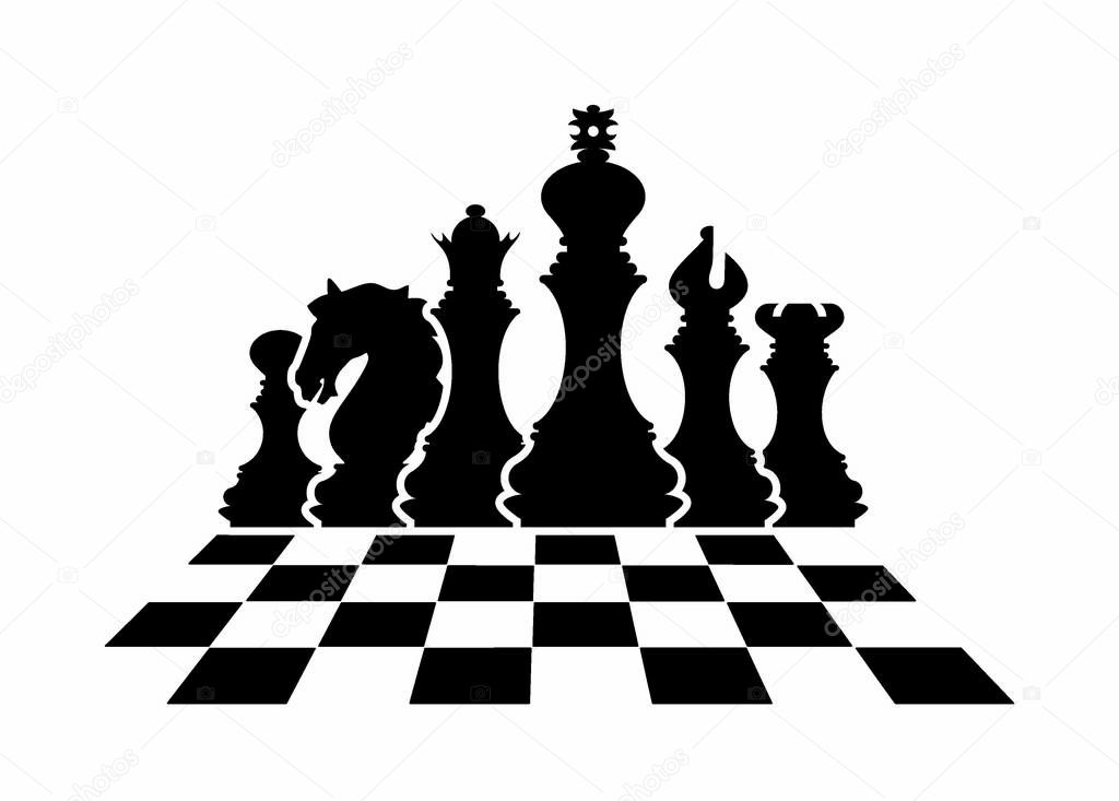 Vector chess isolated on white background. Playing chess on the Board. King, Queen, rook, knight, Bishop, pawn. Silhouettes of chess pieces. Chess icons