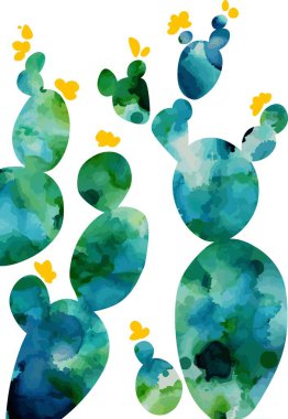 Kaktüs, çiçekli kaktüs. Çöl bitkileri. Suluboya kaktüsler. Vektör çizimi. Beyaz arka planda çölde yaz kaktüsü. Egzotik bitki koleksiyonu. Çiçekli kaktüs