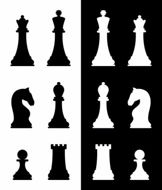 Satranç tahtası. Satranç taşlarının siluetleri. Papaz, kız, kale, at, fil, piyon. Siyah ve beyaz. Beyaz arkaplanda izole edilmiş vektör satranç. Satranç ikonları. Tahtada satranç oynamak
