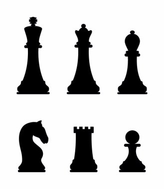 Satranç taşlarının siluetleri. Satranç ikonları. Siyah ve beyaz. Satranç tahtası. Beyaz arkaplanda izole edilmiş vektör satranç. Tahtada satranç oynuyorum. Papaz, kız, kale, at, fil, piyon