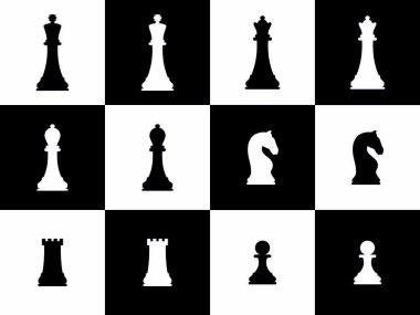 Satranç taşlarının siluetleri. Satranç ikonları. Papaz, kız, kale, at, fil, piyon. Beyaz arkaplanda izole edilmiş vektör satranç. Siyah ve beyaz. Satranç tahtası. Tahtada satranç oynamak