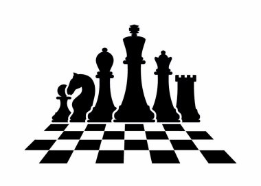 Beyaz arkaplanda izole edilmiş vektör satranç. Satranç taşlarının siluetleri. Satranç ikonları. Papaz, kız, kale, at, fil, piyon. Siyah ve beyaz. Satranç tahtası. Tahtada satranç oynamak