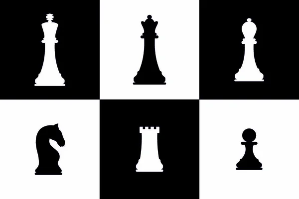 チェスの駒のシルエット ルーク ビショップ ポーン黒と白だチェスボードだ白地に隔離されたベクトルチェス チェスのアイコンボード上でチェスをする — ストックベクタ