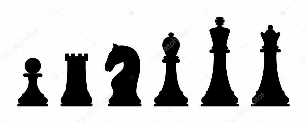 Chess icons. King, Queen, rook, knight, Bishop, pawn. Vector chess isolated on white background. Silhouettes of chess pieces. Black and white. Chessboard. Playing chess on the Board
