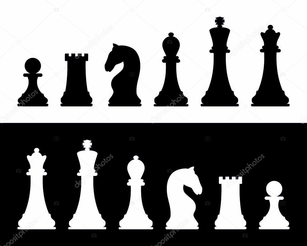Chessboard. Silhouettes of chess pieces. King, Queen, rook, knight, Bishop, pawn. Black and white. Vector chess isolated on white background. Chess icons. Playing chess on the Board