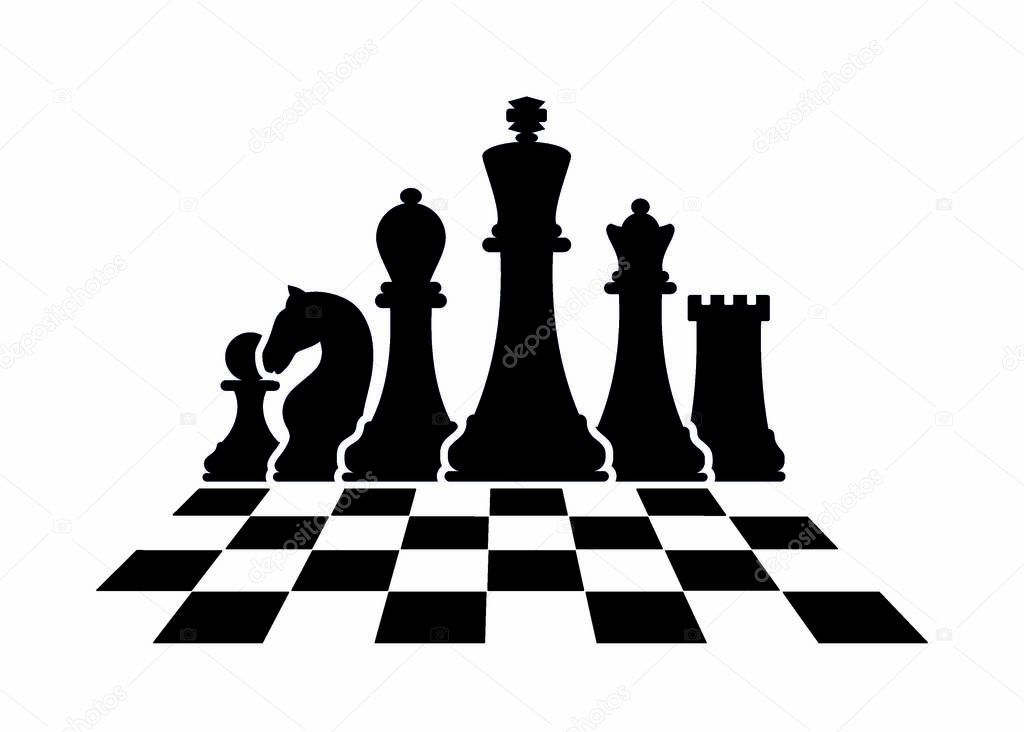 Vector chess isolated on white background. Silhouettes of chess pieces. Chess icons. King, Queen, rook, knight, Bishop, pawn. Black and white. Chessboard. Playing chess on the Board