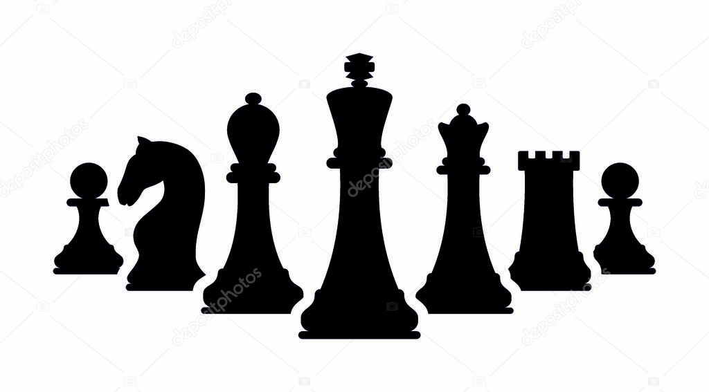 Vector chess isolated on white background. Silhouettes of chess pieces. Chess icons. Black and white. Chessboard. Playing chess on the Board. King, Queen, rook, knight, Bishop, pawn