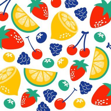 Strawberries oranges cherries blueberries on a white background. Bright summer fruit illustration. Fruit Mix design for fabric and decor. Collection of fruits. Set of colorful cartoon fruit icons