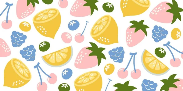 Fresas Naranjas Cerezas Arándanos Sobre Fondo Blanco Ilustración Brillante Frutas — Vector de stock