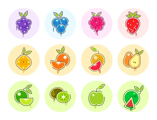 Icons Fruits Berries Vector Illustration Raspberry Grapefruit Strawberry Apple Orange — Stock Vector