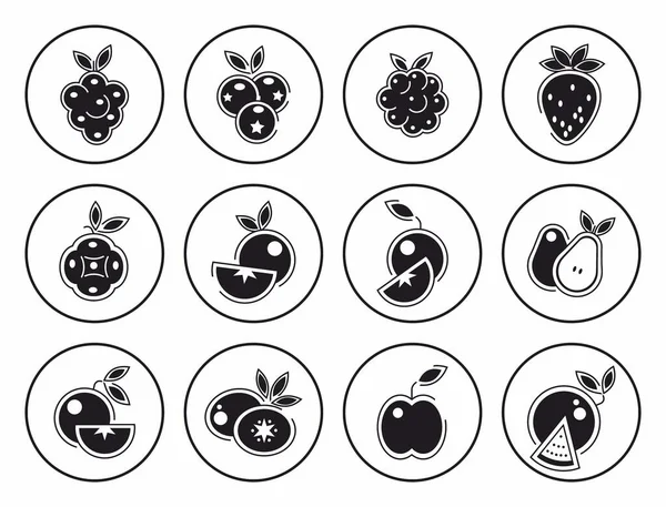 Iconos Frutas Bayas Ilustración Vectorial Frambuesa Pomelo Fresa Manzana Naranja — Vector de stock