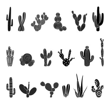 Black silhouettes of cacti, succulents, aloes. Vector illustration isolated on a white background. Cactus icons. Mexican desert cactus, tropical plants, summer garden. Decorated cacti drawn by hand clipart