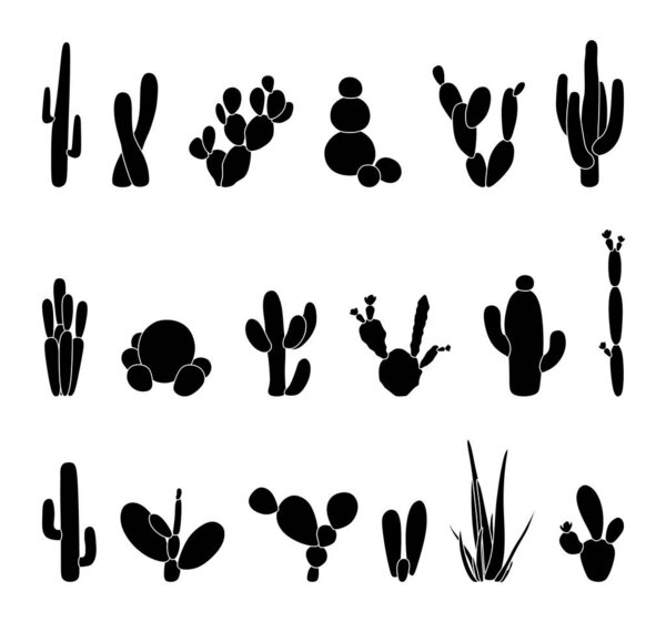 Черные силуэты кактусов, суккулентов, алоэ. Векторная иллюстрация изолирована на белом фоне. Иконы кактуса. Мексиканский кактус пустыни, тропические растения, летний сад. Украшенные кактусы, нарисованные вручную
