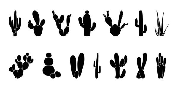 Zwarte Silhouetten Van Cactussen Vetzuren Aloë Vector Illustratie Geïsoleerd Een — Stockvector