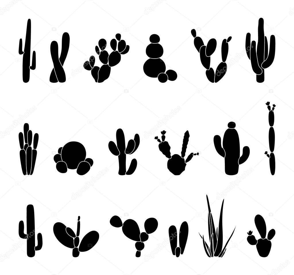 Black silhouettes of cacti, succulents, aloes. Vector illustration isolated on a white background. Cactus icons. Mexican desert cactus, tropical plants, summer garden. Decorated cacti drawn by hand