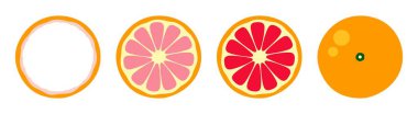 Beyaz arka planda portakallı greyfurt limonu. Yaz meyveleri ve turunçgillerin vektör çizimi. Citrus simgeleri piktogramın siluetleridir. Tropik meyve. Greyfurt parçaları, dilimler