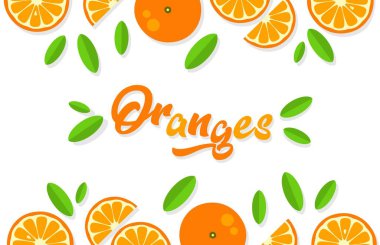 Turuncu arka plan. Beyaz arka planda portakallı greyfurt limonu. Yaz meyveleri ve turunçgillerin vektör çizimi. Citrus simgeleri ve siluetleri. Güzel boyalı portakallar. Tropik meyveler