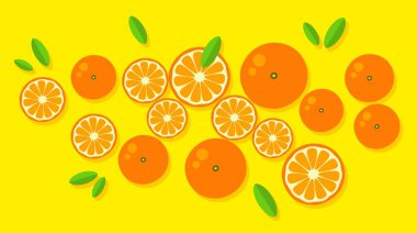Turuncu arka plan. Sarı arka planda portakallı greyfurt limonu. Yaz meyveleri ve turunçgillerin vektör çizimi. Citrus simgeleri ve siluetleri. Güzel boyalı portakallar. Tropik meyveler