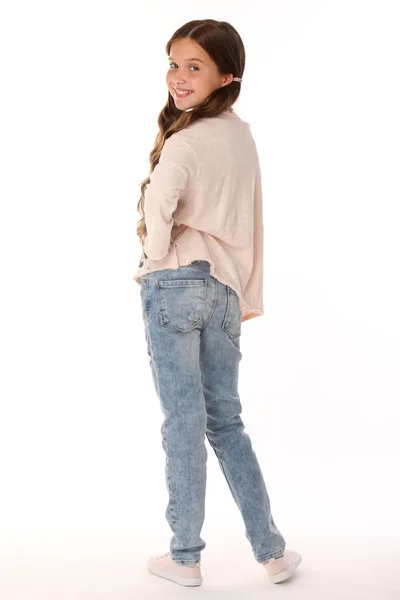 Pretty Beautiful Happy Brunette Young Teen Girl Blue Jeans Adorable — Stock Photo, Image