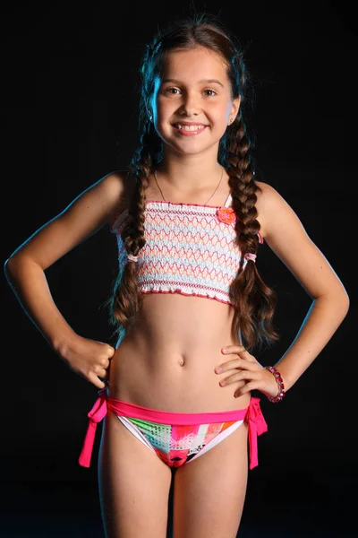 Portrait Happy Young Teenage Girl Swimsuit Pretty Child Dark Hair — Stock Photo, Image