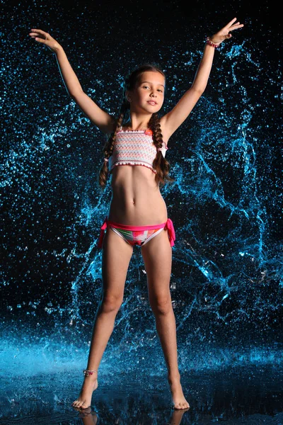 Adorable Young Teenage Girl Swimsuit Stands Barefoot Splashing Water Pretty — Stock Photo, Image