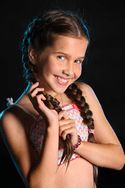 Retrato Uma Jovem Adolescente Feliz Top Maiô Criança Bonita Com — Fotografia de Stock