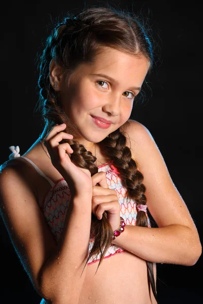 Retrato Una Joven Adolescente Feliz Una Parte Superior Traje Baño — Foto de Stock