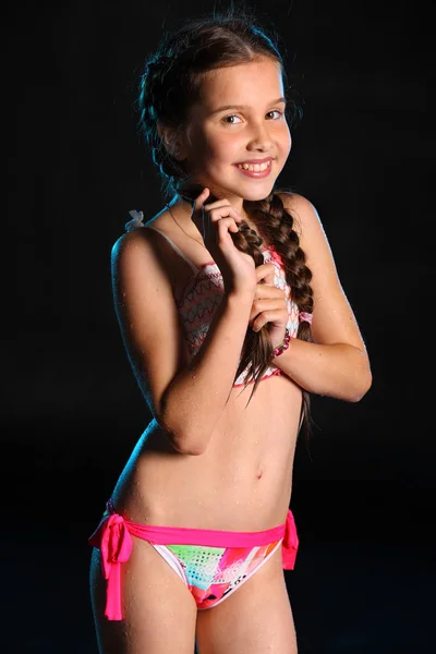 Portrait Happy Young Teenage Girl Swimsuit Pretty Child Dark Hair — Stock Photo, Image