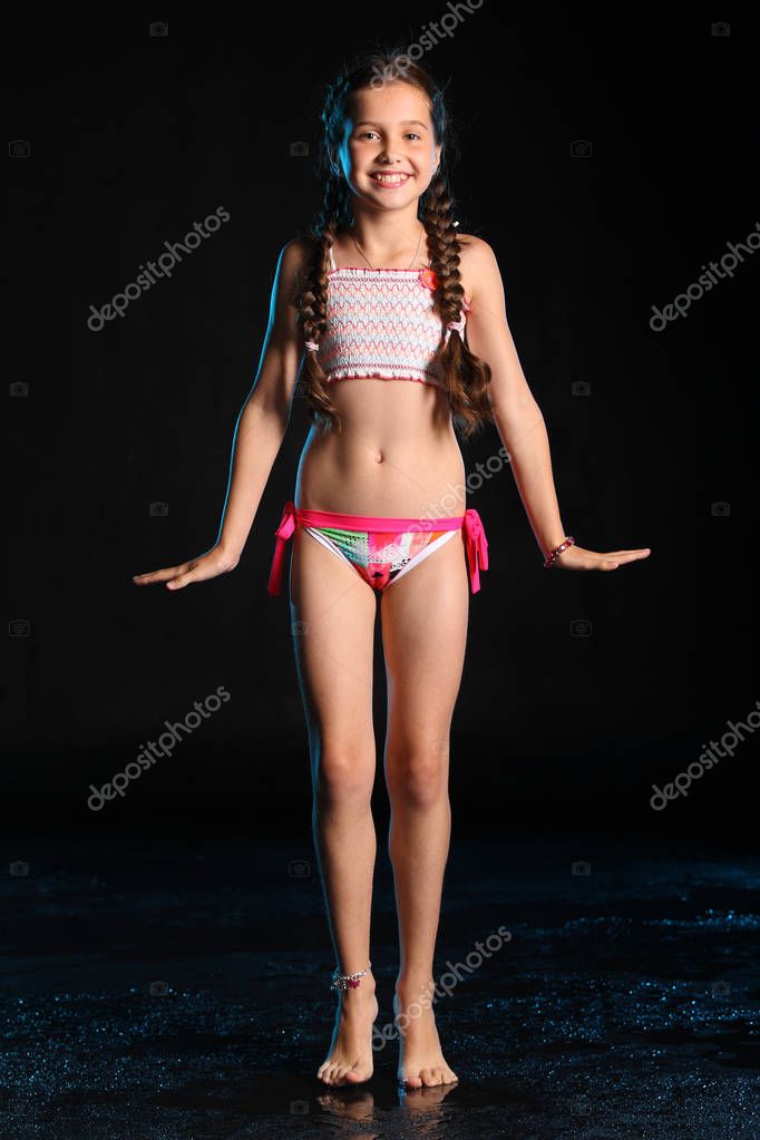 Happy Young Teenage Girl Swimsuit Stands Barefoot Black -6900