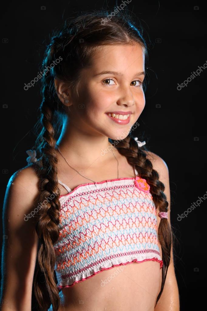 Portrait Happy Young Teenage Girl Top Swimsuit Pretty Child Dark ...