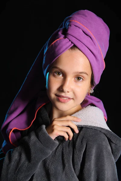 Close Portrait Beautiful Adorable Pretty Young Teen Girl Towel Her — Stock Photo, Image
