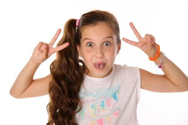 Close Portrait Happy Pretty Cheerful Teenage Girl Child Funny Poses — Stock Photo, Image