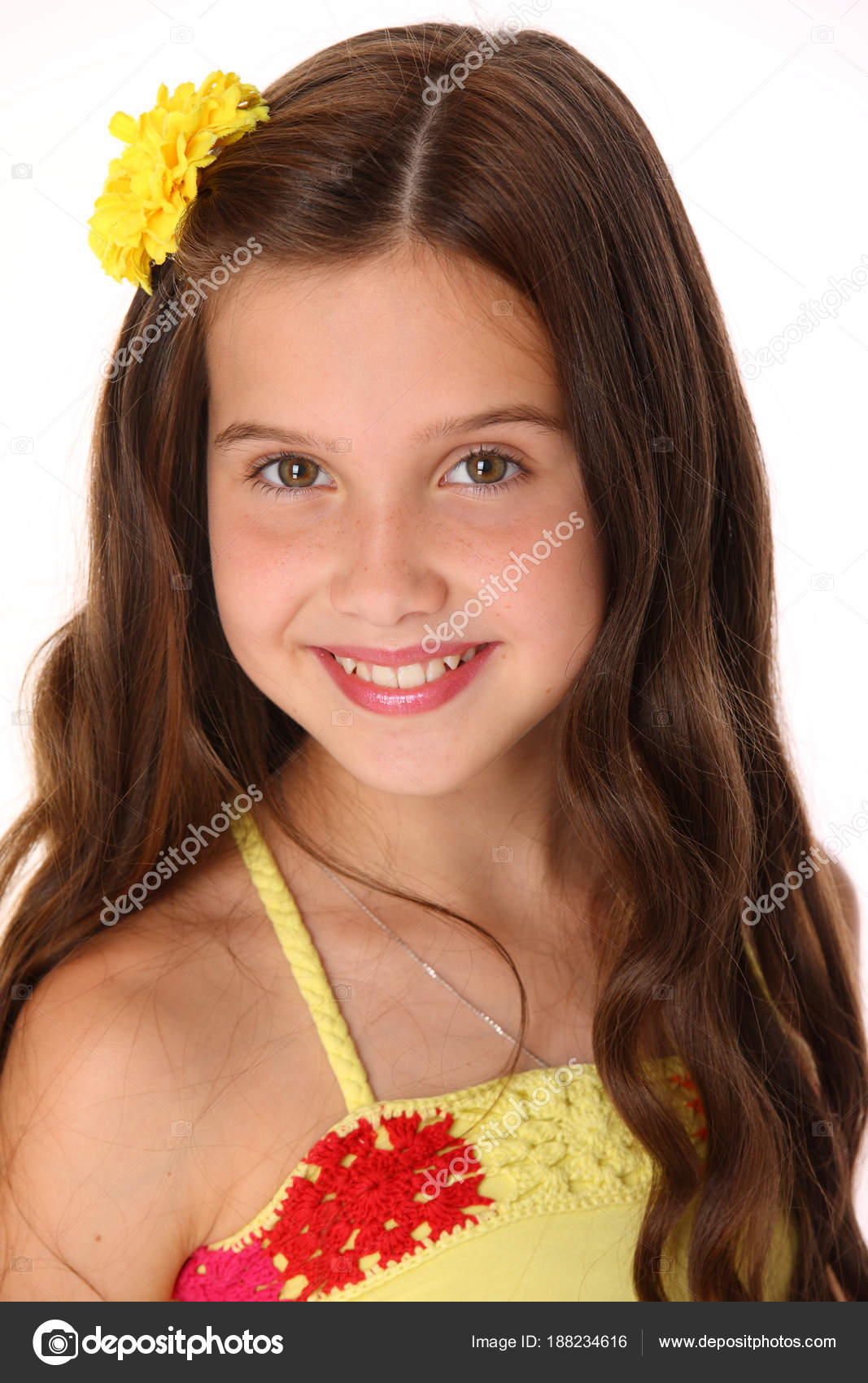 Close Portrait Beautiful Charming Happy Young Teenage Girl Yellow Top ...