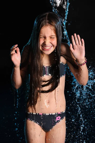 Cold Aqua Child Health Little Girl Slender Body Black Pretty — Stock Photo, Image