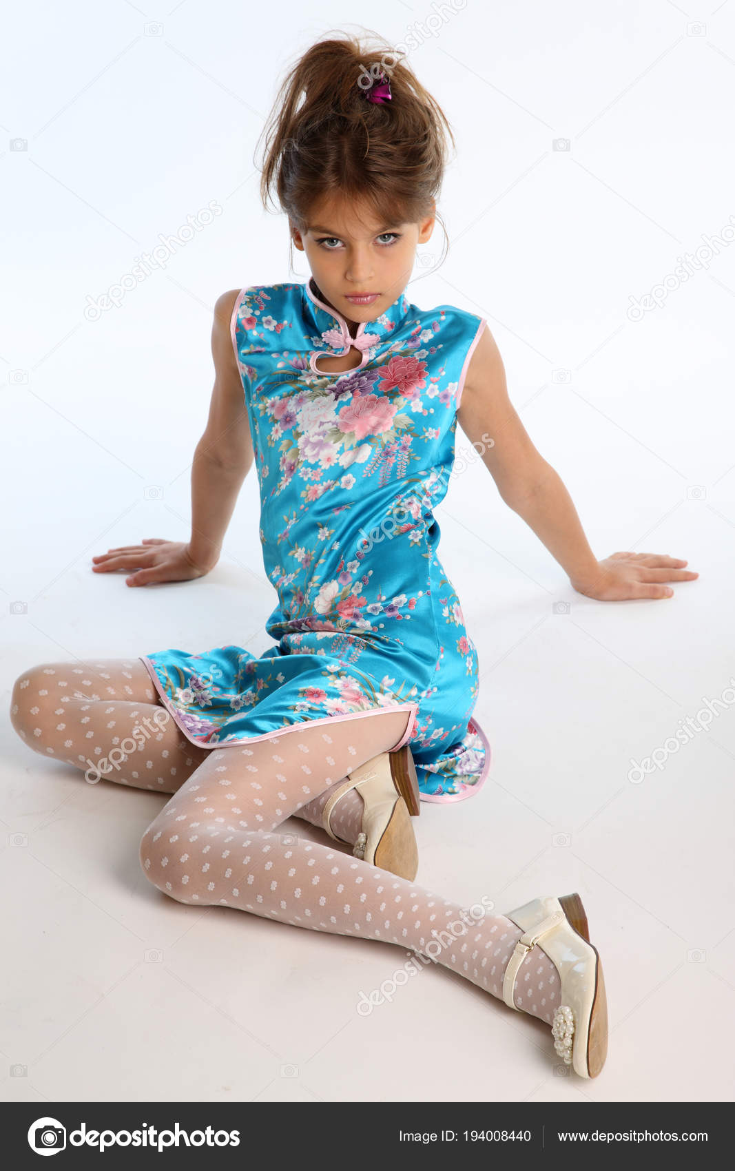 Beautiful Girl Asian Blue Dress Sitting White Background Elegant