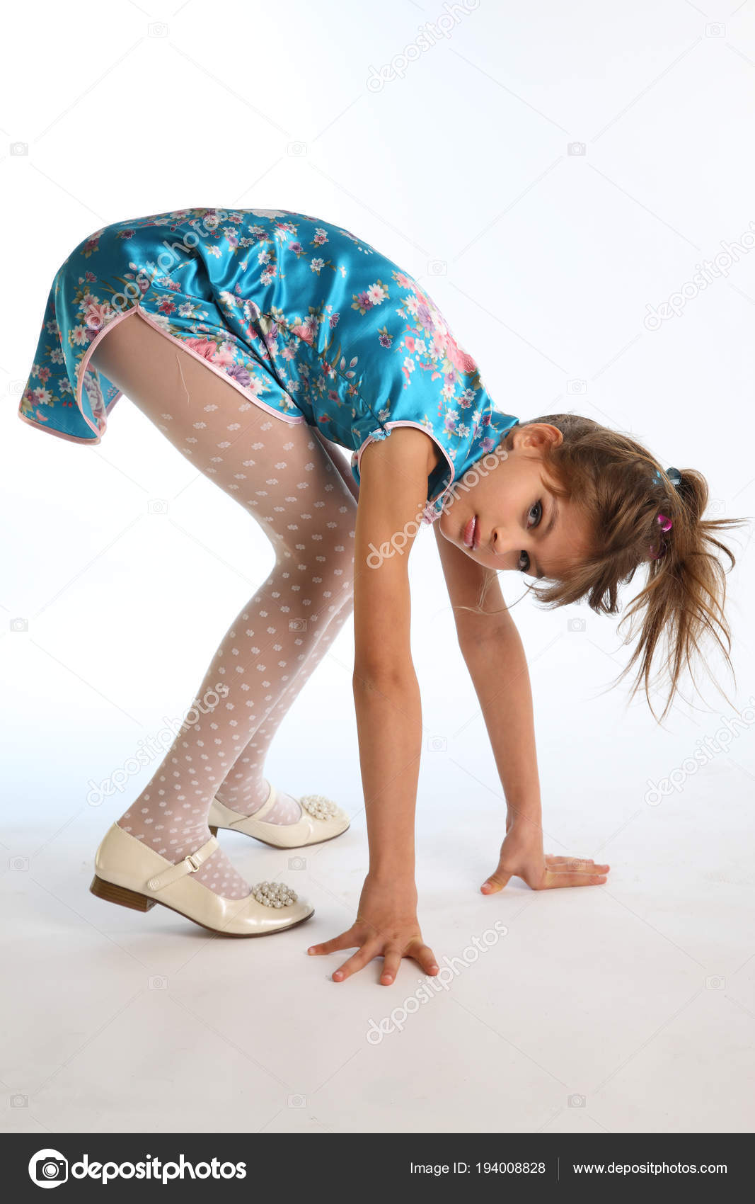 Beautiful Girl Asian Blue Dress Standing White Background