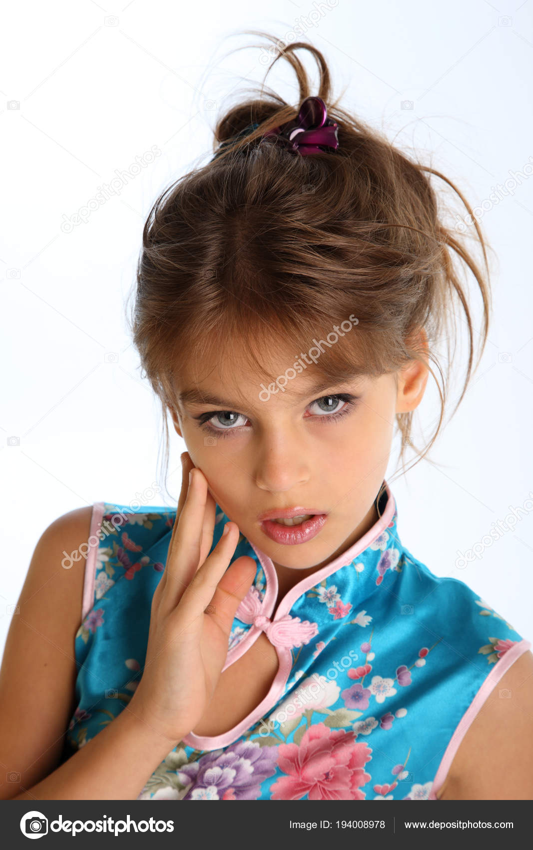 Close Portrait Beautiful Girl Asian Blue Dress Young Attractive Child