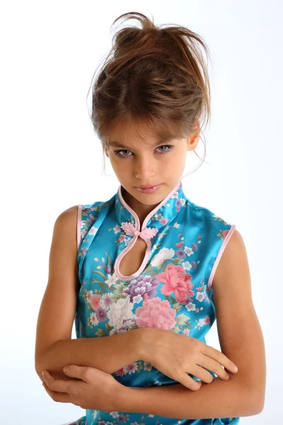 Retrato Con Mano Una Hermosa Chica Vestido Azul Asiático Niño — Foto de Stock