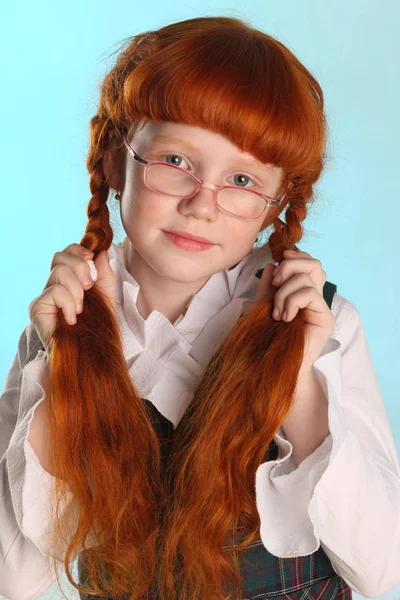 Portrait Beautiful Little Redhead Girl Standing School Uniform Pretty Attractive — Stock Photo, Image