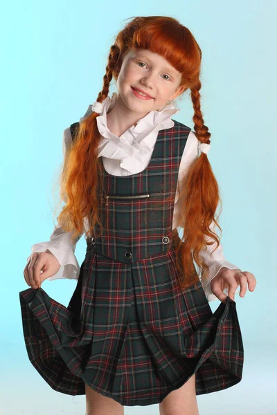 Portrait Beautiful Little Redhead Girl Shows Her School Uniform Elegant — Stock Photo, Image