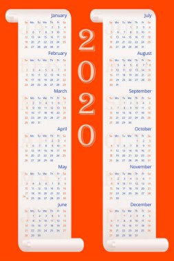 Kırmızı 2020 duvar takvimi iki parşömen üzerinde. Hafta pazar günü başlıyor. Poster, baskı ve web için vektör düzenlenebilir şablon 10 Eps